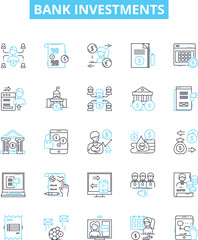 Bank investments vector line icons set. Savings, Stocks, Bonds, Mutual Funds, Funds, Assets, Mortgage illustration outline concept symbols and signs