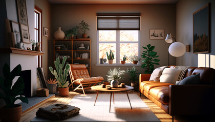 Fototapeta premium A living room that's warm and welcoming with earthy tones and natural materials, Created with generative Ai Technology.