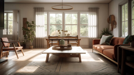 A living room that's warm and welcoming with earthy tones and natural materials, Created with generative Ai Technology.
