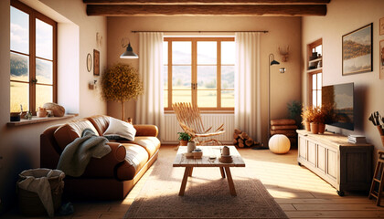 Fototapeta premium A living room that's warm and welcoming with earthy tones and natural materials, Created with generative Ai Technology.