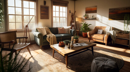 Fototapeta premium A living room that's warm and welcoming with earthy tones and natural materials, Created with generative Ai Technology.
