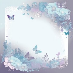 Light Blue Gray Soft Mauve Background Glitter Silhouettes  Flowers Butterflies Square Card.. Generative AI