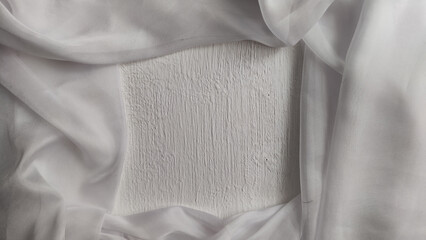 Abstract background with light delicate white fabric chiffon creating frame around square with white texture of paint or plaster. Beautiful curtains and hard rough texture of background