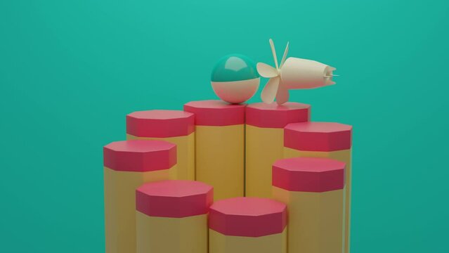 Funny 3d loop animation. A flying motor with a propeller chases a colored sphere along hexagonal columns. The columns rise and fall. an endless chase.
