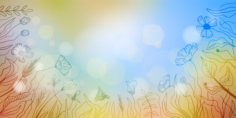 Hand drawn wild grass and flowers against the blue sky, bright spring meadow, vector illustration