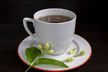 Jasmine tea. Cup of hot herbal tea with jasmine fresh flowers on a black table.