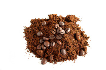 Coffee beans and ground powder on white background