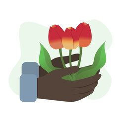 Spring concept. Flat cartoon illustration of spring coming with tulipas