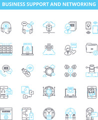 Business support and networking vector line icons set. Networking, Business, Connectivity, Support, Facilitation, Relationships, Alliance illustration outline concept symbols and signs