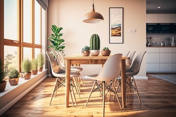 Modern Dining Room Interior, Minimalist Design, Stylish Decor, Generative AI