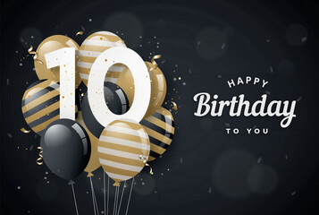 Happy 10th birthday balloons greeting card black background. 10 years anniversary. 10th celebrating with confetti. Vector stock	