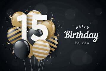 Happy 15th birthday balloons greeting card black background. 15 years anniversary. 15th celebrating with confetti. Vector stock	