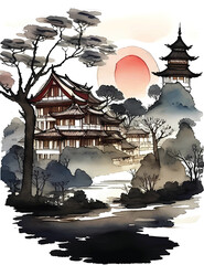 Fototapeta Chinese ink landscape painting Ink landscape painting Landscape illustration Oriental Art Ink and wash illustration Landscape background obraz