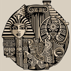Ancient Symbols and Architecture, Egypt, Greece, Aztecs, Africa, Tribal Figures and Art Vector Round Illustration 