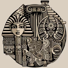 Abwaschbare Fototapete Zeichnung Ancient Symbols and Architecture, Egypt, Greece, Aztecs, Africa, Tribal Figures and Art Vector Round Illustration 