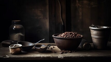 Coffee Beans and Tools on Rustic Table