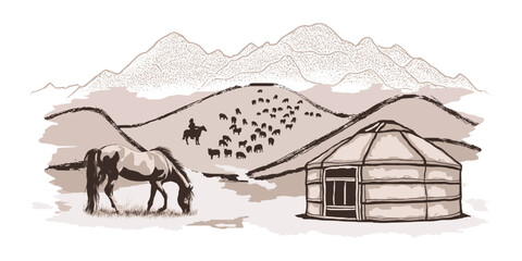 Sketch on the topic of life in Central Asia, grazing horse and yurt, vector illustration