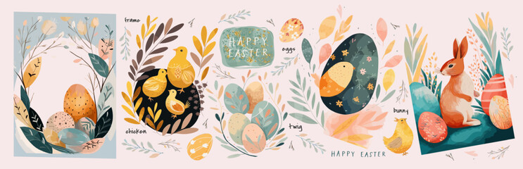 Obraz na płótnie Canvas Happy easter! Vector hand drawn gouache illustrations of bunny, easter eggs, chick, frame, logo and chicken for background, greeting card or poster