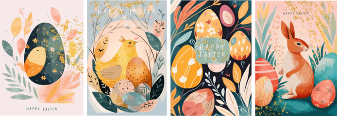 Happy easter! Vector hand drawn gouache illustrations of bunny, easter eggs, chick, frame and pattern for background, greeting card or poster - 584311137