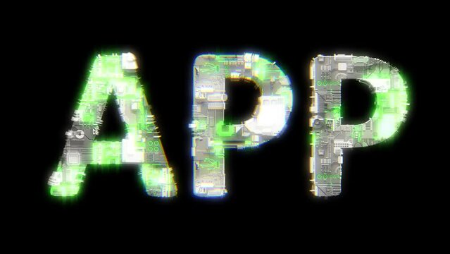 cybernetic text APP with chromatic aberrance and glitch effects, isolated