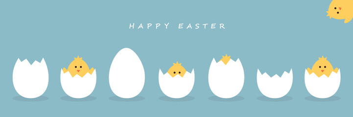 happy easter minimal design with egg and little chick on blue background