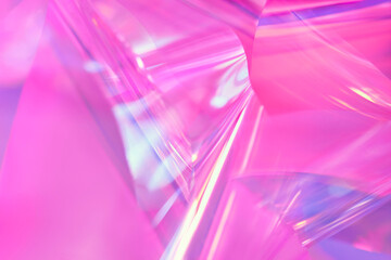 Close-up of ethereal pastel neon blue, purple, lavender, pink holographic metallic foil background. Abstract modern curved blurred surreal futuristic disco, rave, techno, festive dreamlike backdrop
