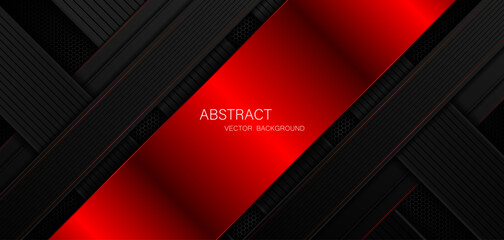 Abstract black and red polygon with red glow lines on dark steel mesh background with free space for design. modern technology innovation concept background	