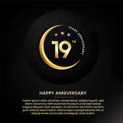 19 years anniversary with a half moon, stars, glitter and editable speech text. Golden half moon anniversary banner template with a golden number