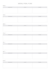 A weekly meal plan design template in a modern, simple, and minimalist style. Note, scheduler, diary, calendar, planner document template illustration.