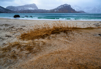 Beach Haukland, rocky hills in turquoise Atlantic, Lofoten islands.