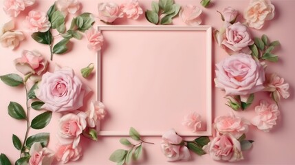 pink roses on background frame with copy space mockup, wallpaper banner template, generative ai