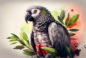 African Grey Parrot, watercolor style Generative AI