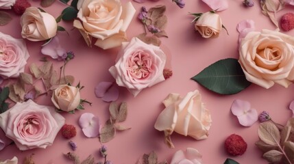 pink roses on background copy space, wallpaper banner template, generative ai