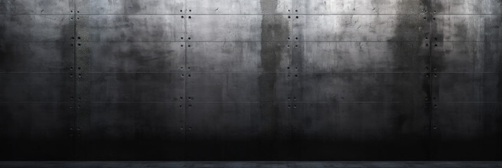 A horizontally long dim concrete wall and floor background. dark concrete room. Wide format. Generative AI. 