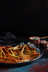 Healthy homemade oven baked sweet potato and carrot fries served with yogurt and green onion sauce. Low calorie vegetarian snack