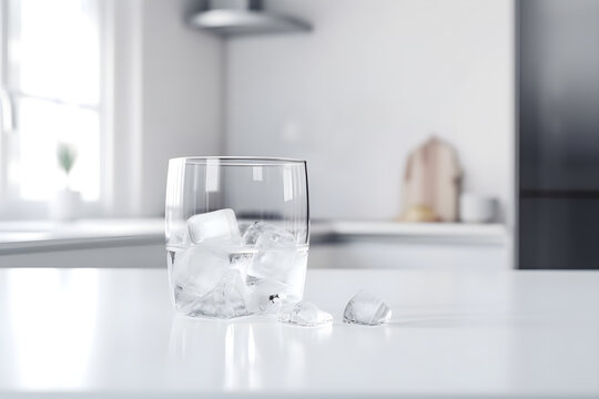 A glass with ice and water on the table on white kitchen background. Generative AI