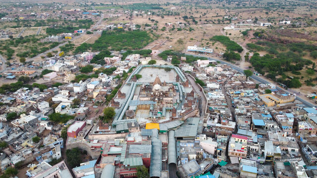 Osian, Rajasthan, India 2nd March 2023: The Sachchiya Mata Temple is located in Osian, near Jodhpur city in the Indian state of Rajasthan. Kuldevi. Jodhpur - Bikaner Highway. Drone shots.