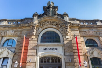 Front facade of the historic market hall in Dresden, Germany