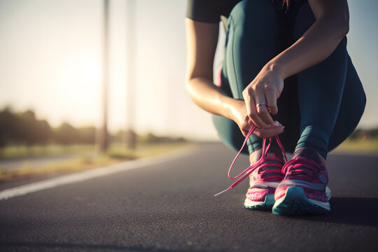 girl runner tying shoelaces in pink sneakers for running, the road is in the background. Healthy lifestyle concept. Generative AI