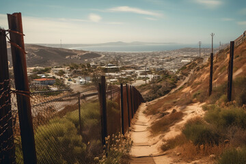 Border in Mexico and USA. US-Mexican border fence in Arizona, USA. Minranis cross border illegally. US Mexican Border with barbed wire in San Diego, California, and Tijuana. Ai Generative illustration