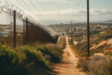 Border in Mexico and USA. US-Mexican border fence in Arizona, USA. Minranis cross border illegally. US Mexican Border with barbed wire in San Diego, California, and Tijuana. Ai Generative illustration