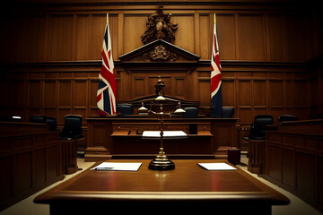 Courtroom with British flag, Supreme Court of United Kingdom. Scales of Themis, Judiciary, Judge. England Justice Judicial Authority. Appellate of House of Lords. Judicial scales in court. Ai generate - obrazy, fototapety, plakaty