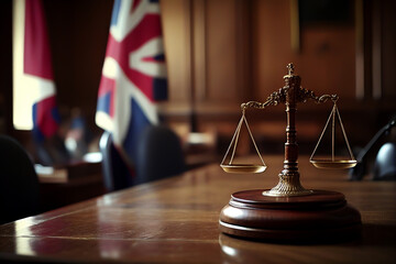 Courtroom with British flag, Supreme Court of United Kingdom. Scales of Themis, Judiciary, Judge. England Justice Judicial Authority. Appellate of House of Lords. Judicial scales in court. Ai generate