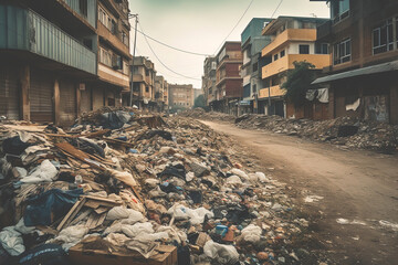 Pile of garbage on city street. Landfill in city near buildings. Garbage dump in town streets. City after apocalypse, destroyed houses and building. Trash on streets, heaps of garbage. Ai Generative