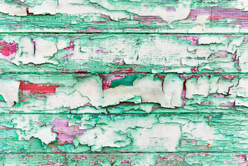 Vintage wood background with peeling paint. old wooden painted background in green color.
