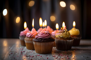Naklejka na ściany i meble Birthday cakes with candles, birthday party concept. Generative AI