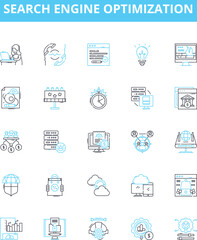 Search engine optimization vector line icons set. SEO, Optimization, Indexing, Crawling, Ranking, SERP, Search illustration outline concept symbols and signs