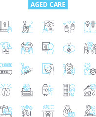 Aged care vector line icons set. Aging, Care, Elderly, Assisted, Supportive, Nursing, Retirement illustration outline concept symbols and signs