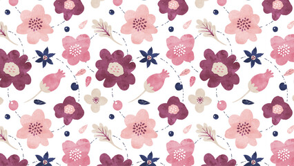 花柄の水彩パターン背景 シックで落ち着いたカラーの植物イラスト