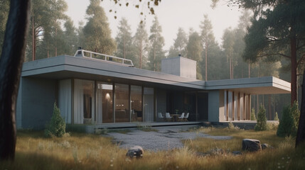 Fototapeta na wymiar Modern house with a flat roof in a picturesque setting. Generative AI